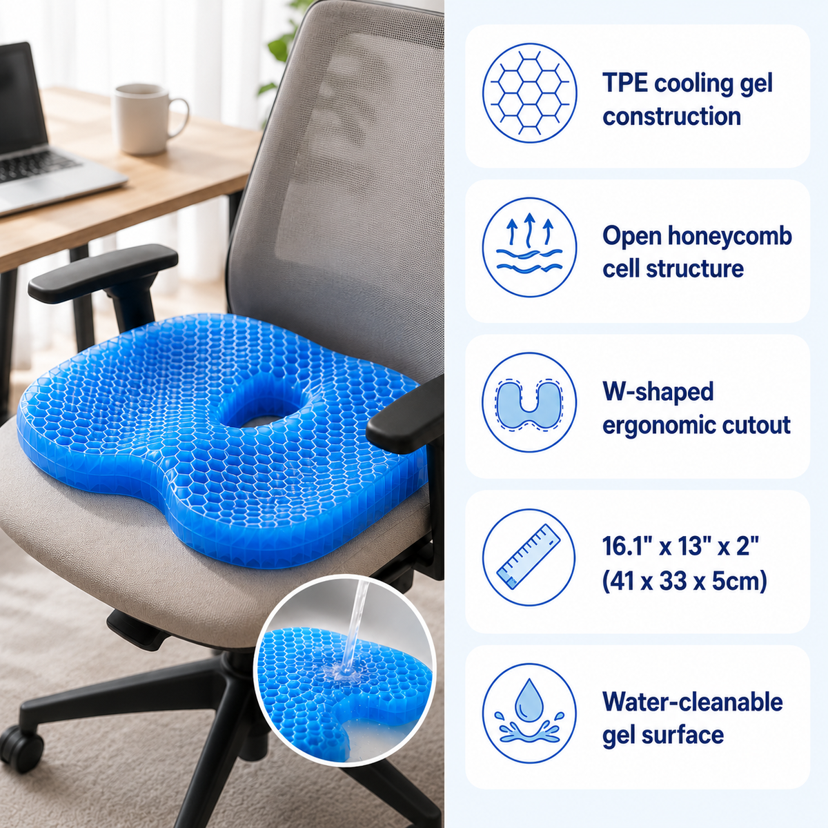 HexoCool™ Gel Seat Cushion – Honeycomb Cooling Pad for Office Chair, Car & Home Use
