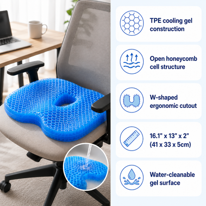 HexoCool™ Gel Seat Cushion – Honeycomb Cooling Pad for Office Chair, Car & Home Use