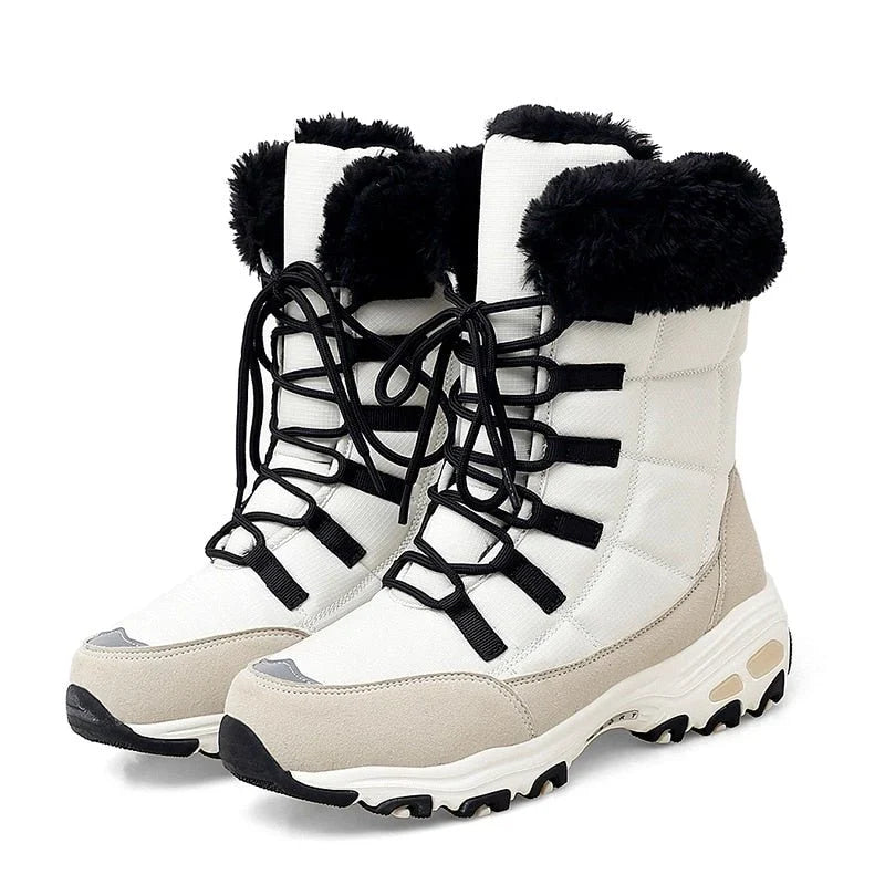 HexoComfy™ Women's Orthopedic Winter Boots in Beige – lace-up with faux-fur collar