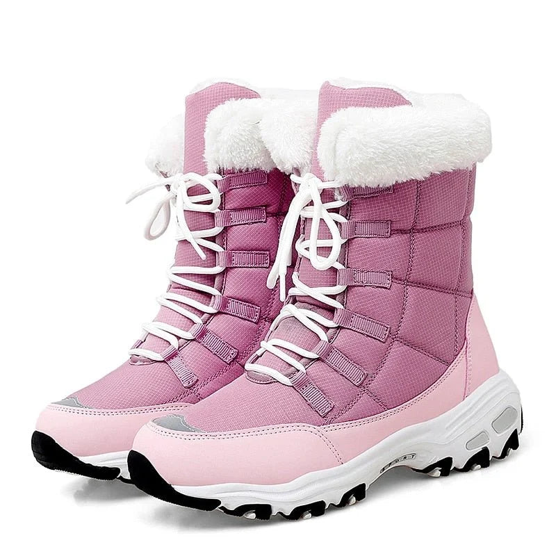 HexoComfy™ Women's Orthopedic Winter Boots in Pink – lace-up with faux-fur collar