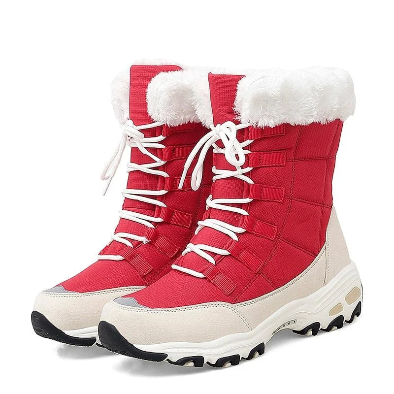 HexoComfy™ Women's Orthopedic Winter Boots in Red – lace-up with faux-fur collar
